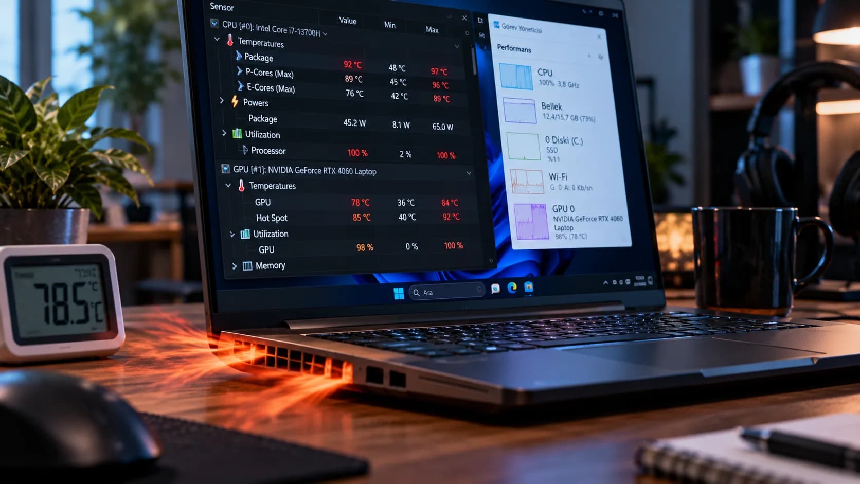 Laptop fanı sürekli çalışıyorsa yük, sıcaklık ve güç ayarlarını kontrol edin