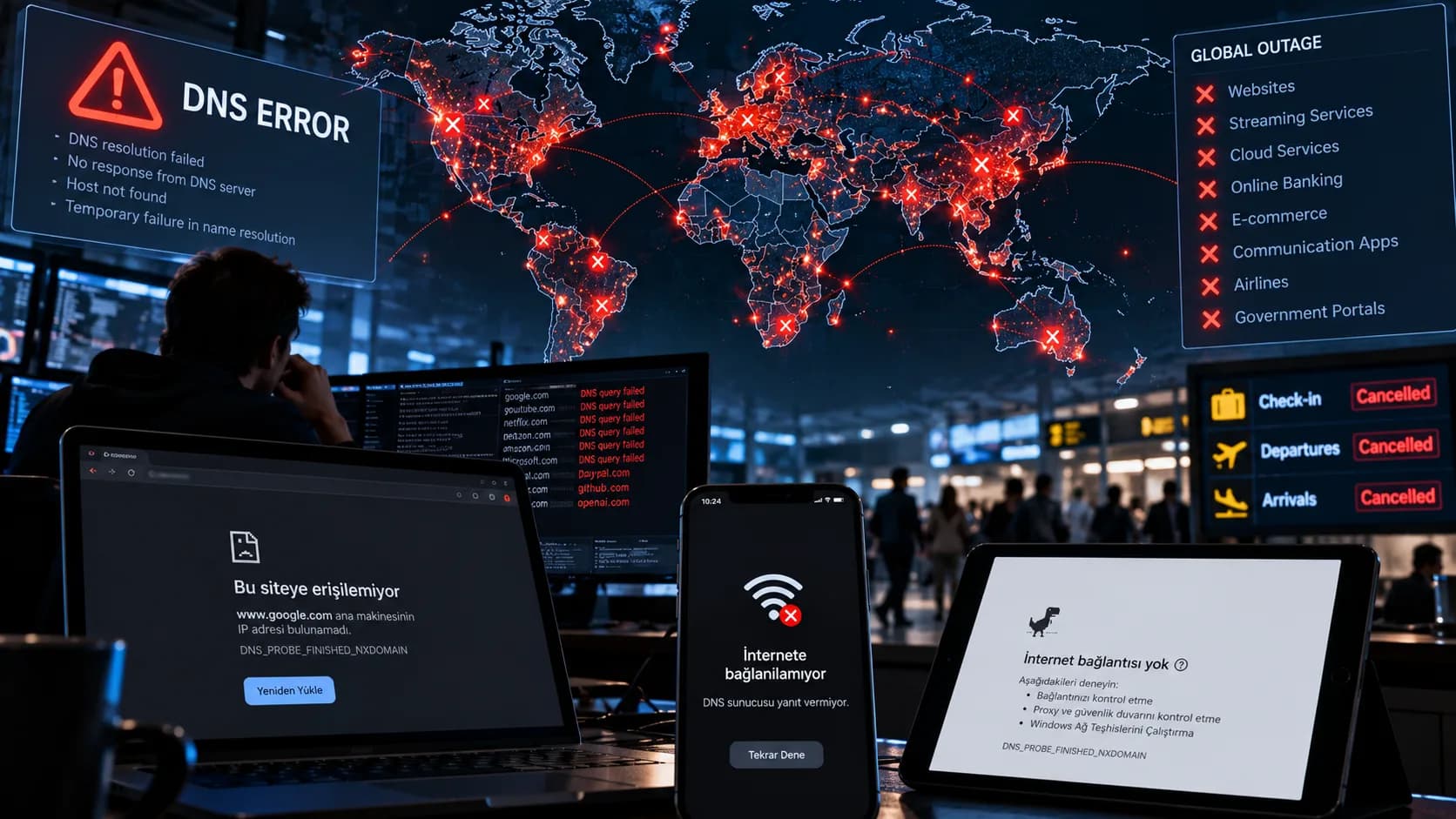DNS çökerse internet altyapısı çalışır, ancak sitelere erişim zorlaşır